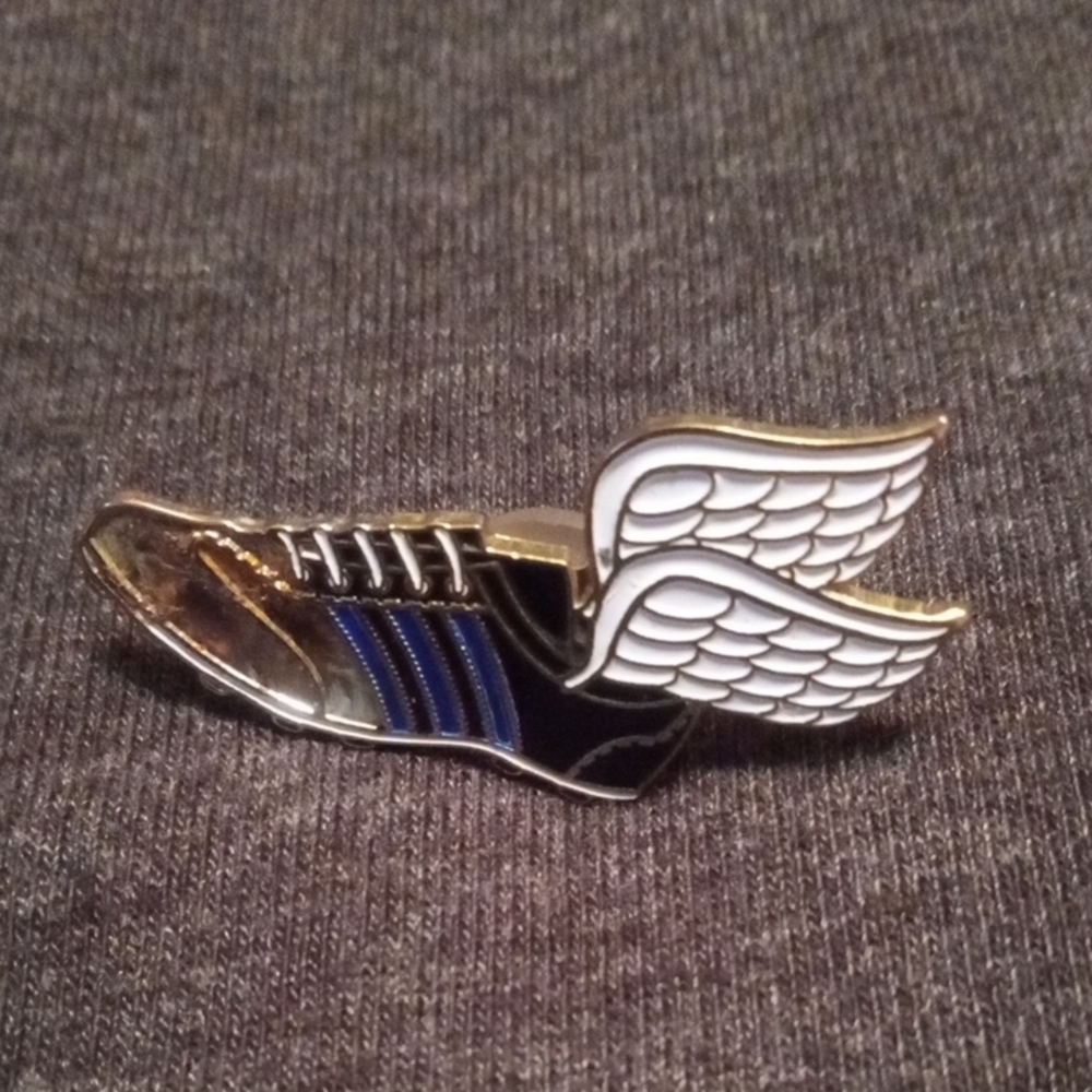 Winged Shoe Jewelry Pin From Crown Awards Blue Stripes On Black Tennis Shoe